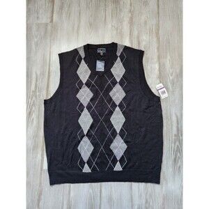 NWT Club Room Merino Wool Blend Sweater Vest Black Gray Argyle V Neck Sz XXL